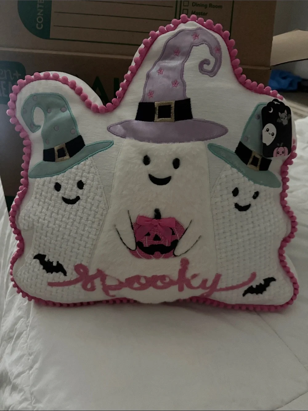 Spooky Pink & White Ghost Pillow 15x17